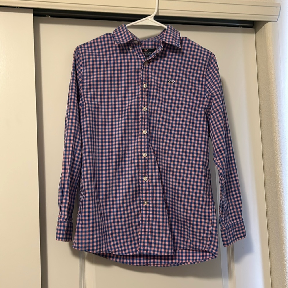 Kids/Boys Vineyard Vines Blue & Pink Cotton Whale Button Up Shirt Size 16/Large